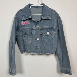 Barbie Girls 10Y Kids Crop Denim Jacket Pink Silhouette Patch Pop Culture Edgy